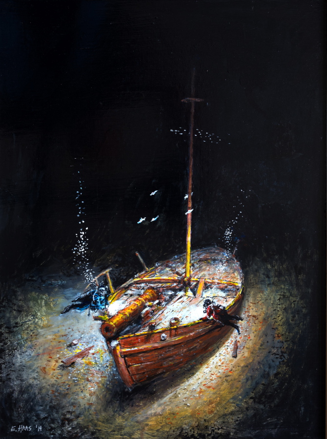 This image of a painting by Ernie Haas provided by the Lake Champlain Maritime Museum shows an artist's rendition of divers hovering over the Revolutionary War gunboat "Spitfire" on the bottom of Vermont's Lake Champlain. The Vermont museum wants to raise the Revolutionary War gunboat where it has rested since shortly after the 1776 Battle of Valcour Island, preserve it and then display it in a yet-to-be built New York museum.
