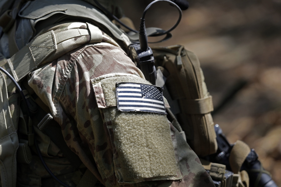 A United States flag patch adorns the uniform of a paratrooper with the 82nd Airborne Division’s 3rd Brigade Combat Team during a training exercise at Fort Bragg, N.C.