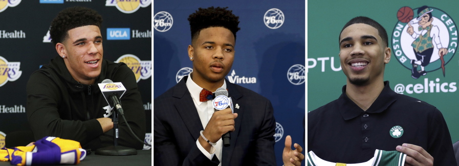 At left, Los Angeles Lakers draft pick Lonzo Ball talks to reporters in El Segundo, Calif. At center, Philadelphia 76ers’ draft pick Markelle Fultz speaks during a news conference in Camden, N.J. And at right, Boston Celtics first-round draft pick Jayson Tatum attends a press conference in Waltham, Mass. At the NBA Summer League, many eyes will be on the top picks, like Fultz, Ball and Tatum. But 30 NBA teams will be scouring rosters looking for a gem who has somehow slipped through the cracks, like Miami did last year when it signed Rodney McGruder to a three-year deal last summer.