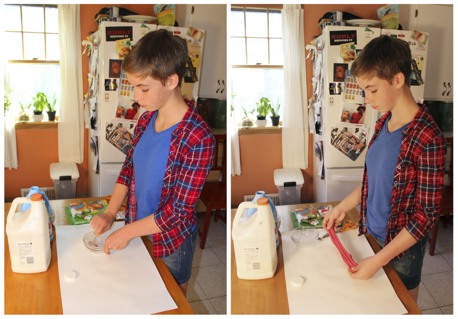 In this June 21, 2017 combination photo, Astrid Rubens makes homemade slime in her kitchen in St. Paul, Minn. Glue, baking soda and contact lens solution are all it takes to make satisfyingly stretchy slime.