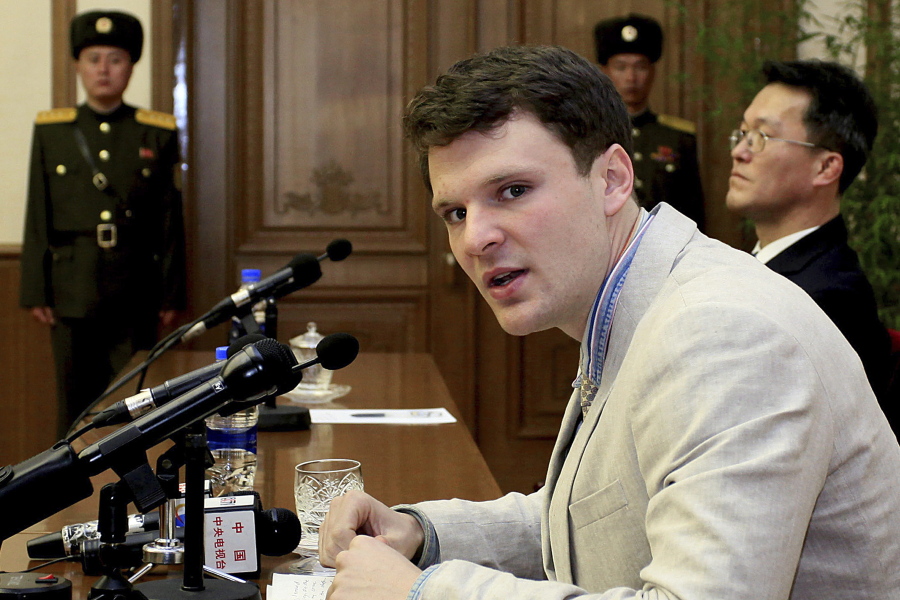 American student Otto Warmbier speaks as he is presented to reporters in Pyongyang, North Korea in 2016 Associated Press files