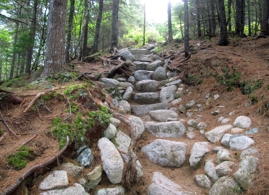An early stretch of Hunt Trail, a 5.2-mile route up Mount Katahdin in Baxter State Park in Maine is seen in 2014. The woodlands trail gives way to an extremely steep and rocky ascent above the mountain’s treeline.