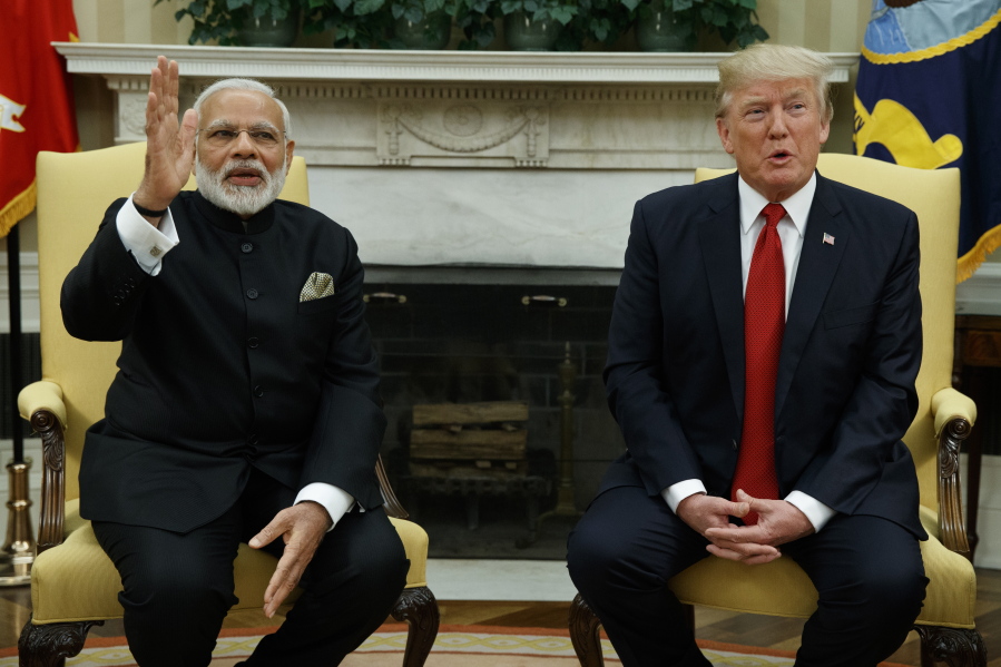 President Donald Trump meets with Indian Prime Minister Narendra Modi in the Oval Office of the White House in Washington, Monday, June 26, 2017.