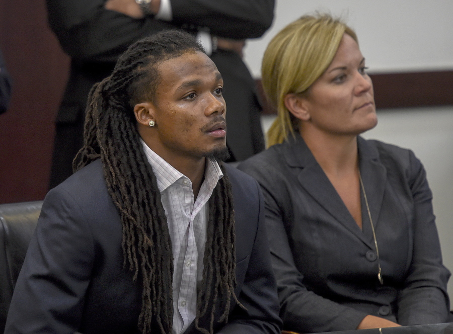 Brandon Banks and his attorney Katie Hagan react after the verdict is read Friday, June 23, 2017 at Justice A. A. Birch Building in Nashville, Tenn. A jury on Friday convicted Banks, a former Vanderbilt University football player charged along with three of his teammates in the 2013 gang rape of an unconscious female student.