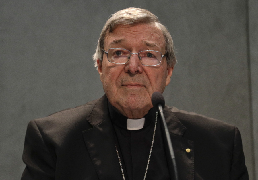 Cardinal George Pell meets the media, at the Vatican, Thursday, June 29, 2017. The Catholic Archdiocese of Sydney says Vatican Cardinal George Pell will return to Australia to fight sexual assault charges as soon as possible.