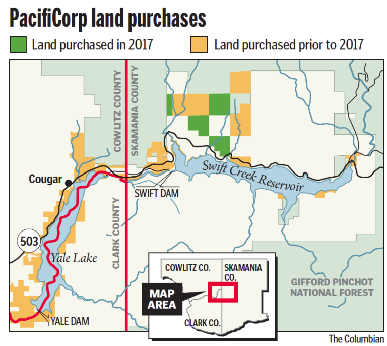 Areas in green show the land bought by PacifiCorp in the spring of 2017 for wildlife habitat.