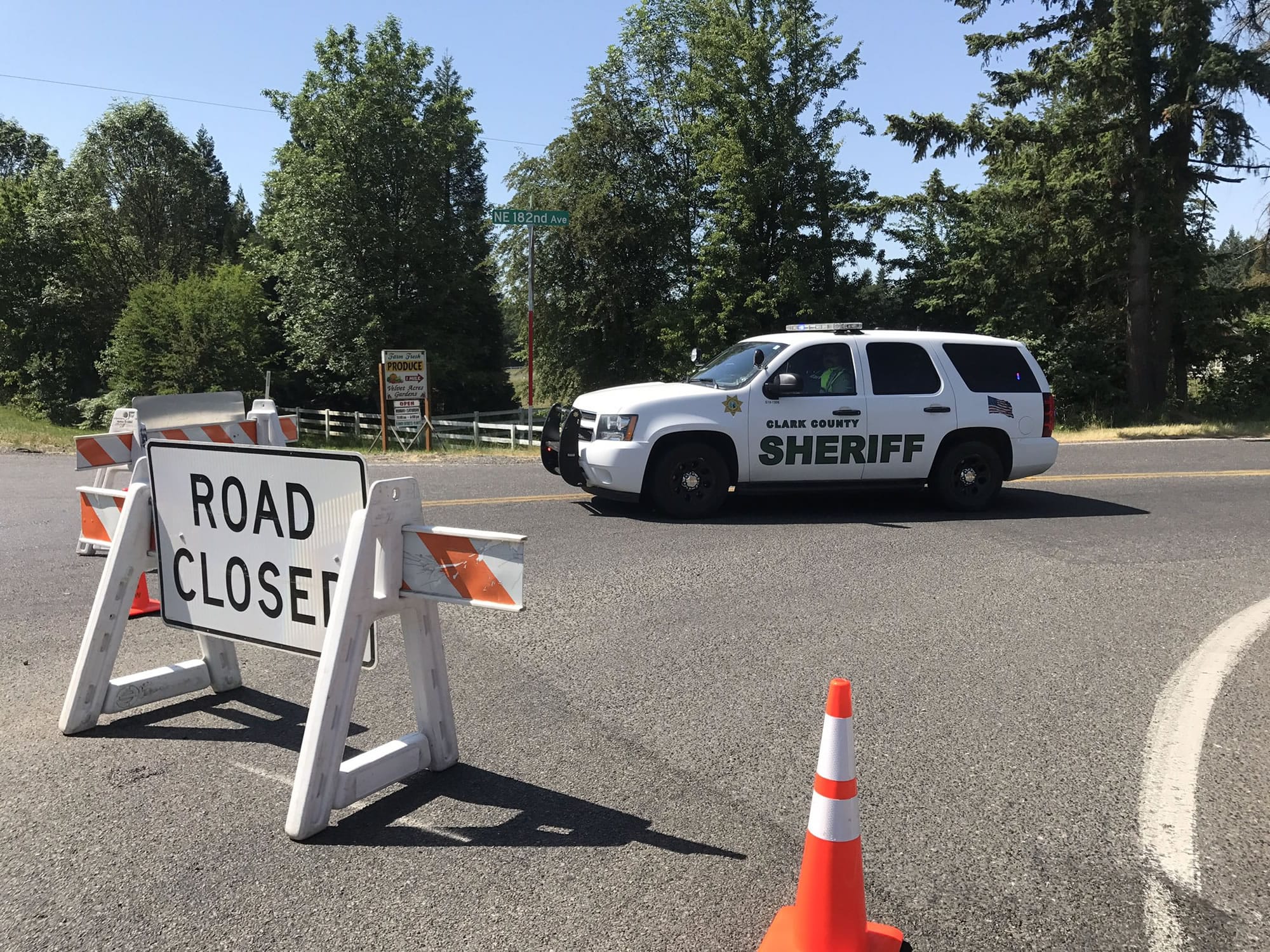 East of Vancouver, 182nd Avenue is blocked because of a shooting following a robbery at the IQ Credit Union on Northeast Fourth Plain Boulevard.