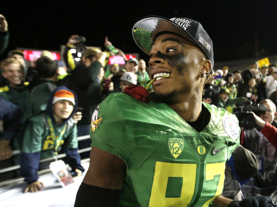 Oregon wide receiver Darren Carrington, pictured here after a 59-20 win over Florida State in the 2015 Rose Bowl, was dismissed from the team on Friday, July 14, 2017. (AP Photo/Jae C.
