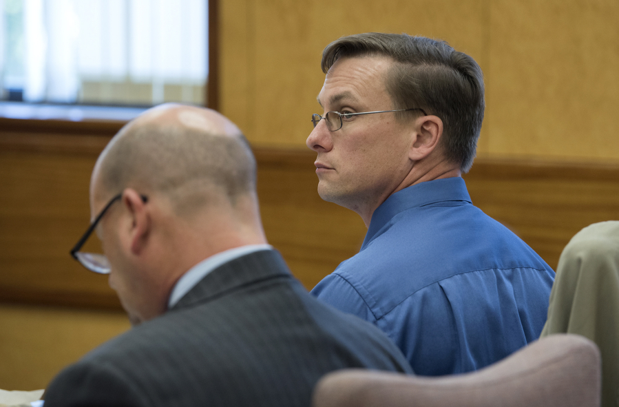 Former Evergreen High School science teacher Matthew Morasch appears for opening statements of a voyeurism trial at Clark County Superior Court on July 11. Morasch is accused of taking inappropriate photos and videos of females, including a student at the school.