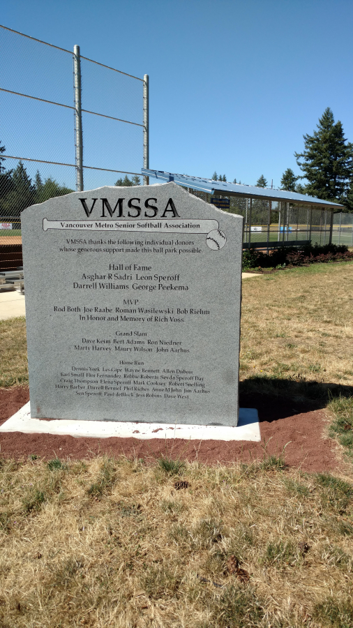 The dedication monument at Sunlight Supply Field at Pacific Community Park in east Vancouver.
