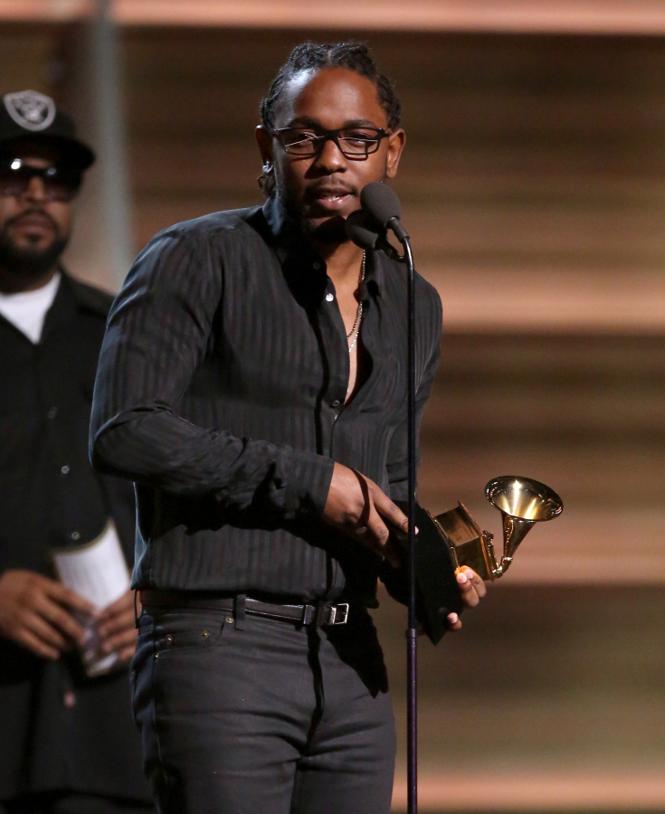 Kendrick Lamar accepts the award for best rap album for “To Pimp A Butterfly” at the 58th annual Grammy Awards in 2016 in Los Angeles.