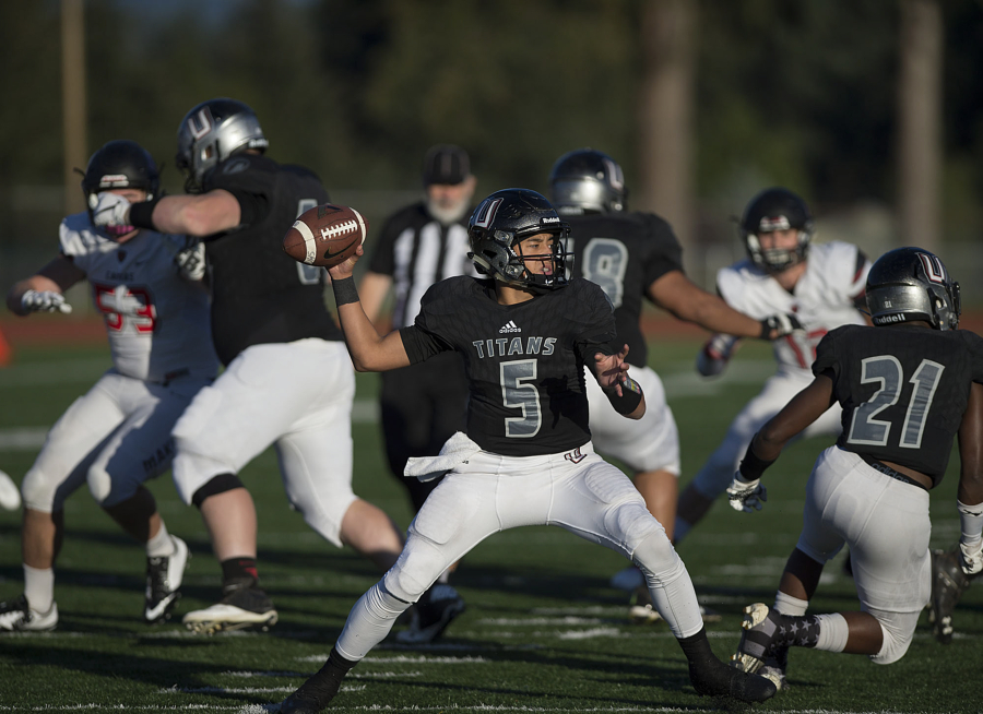 Union’s Lincoln Victor (5) one of four Southwest Washington quarterbacks to be hand-picked for the Northwest 9 quarterback camp at Northwest University in Kirkland.