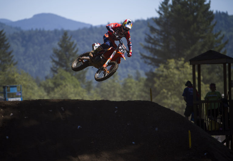 Marvin Musquin (25) maintains the lead in the 450MX Moto 1 during the Washougal National Motocross Saturday afternoon, July 29, 2017. Musquin won both races and placed overall for 450MX.