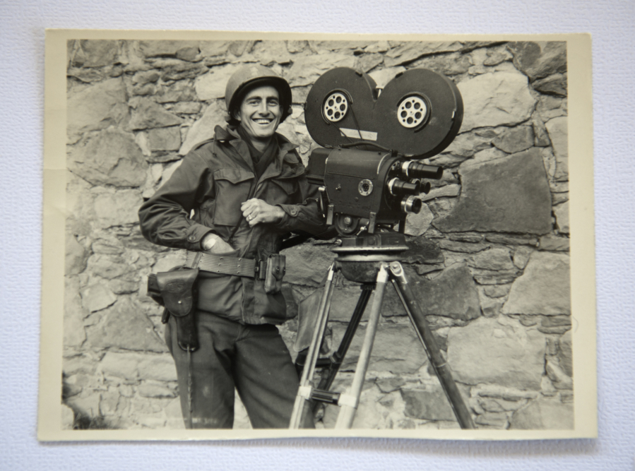 A photograph of Technical Sgt. Donald Morrow, taken in Italy in October 1944, is part of Bryan Ilyankoff’s exhibit honoring World War II combat photographers.
