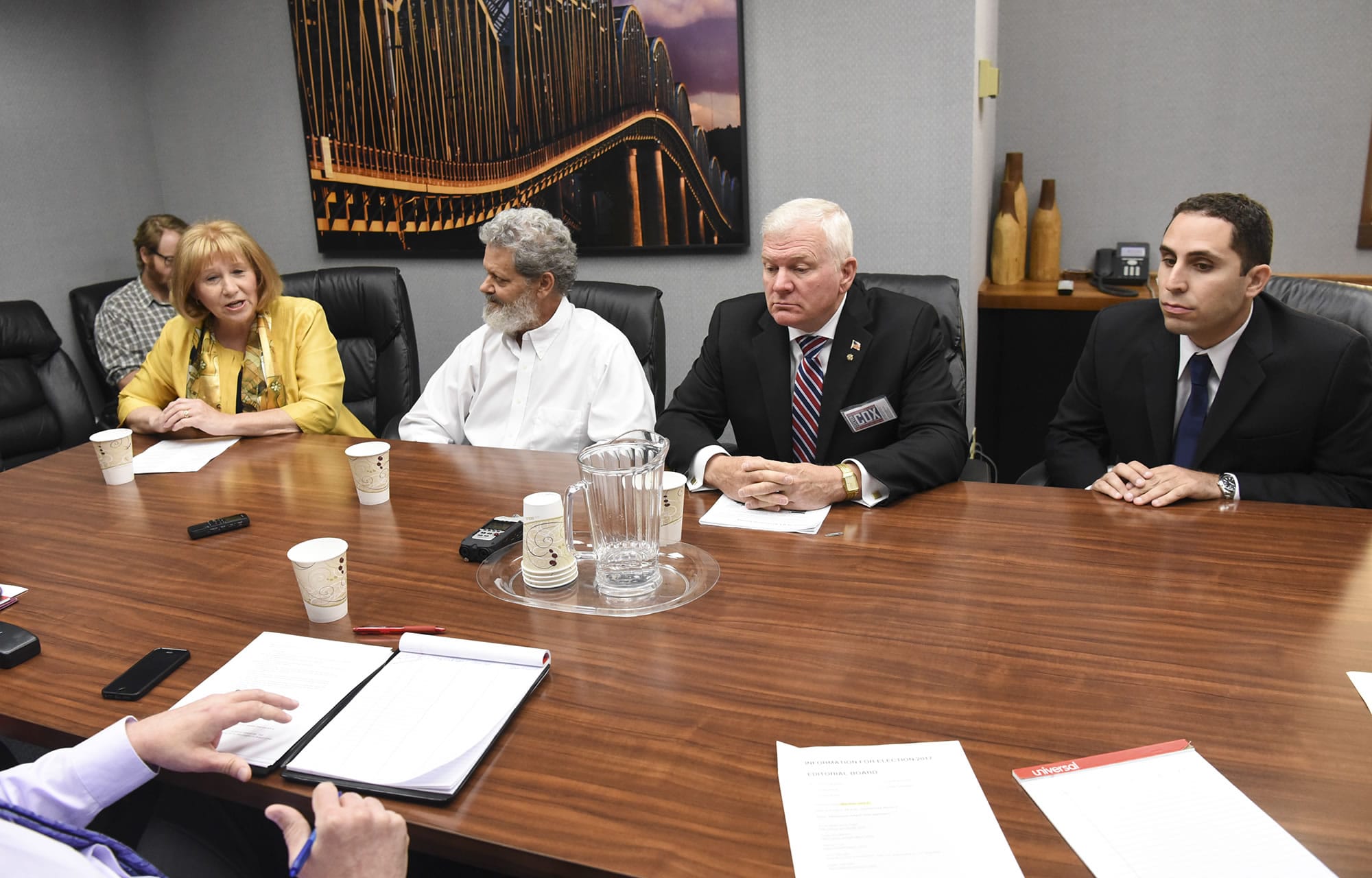 Candidates for Vancouver mayor, from left, Anne McEnerny-Ogle, Greg Henderson, Steven Cox and Adam Hamide meet with The Columbian's Editorial Board on July 3. Candidate John Carroll didn't respond to The Columbian's invitation.