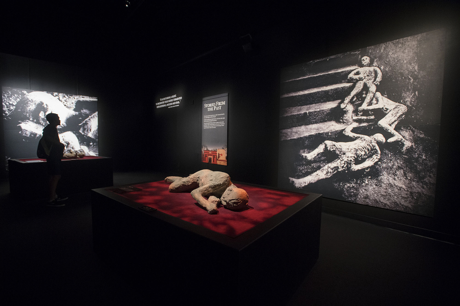 A visitor, left, reads a panel in the room where casts of six victims of Mount Vesuvius are on display. The image to the right shows the casts of three people who died in what is called the Alley of the Skeletons.