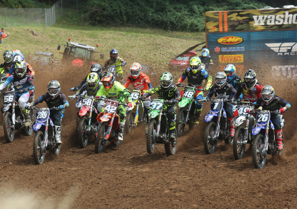 A cluster of motorcycles are seen at the start of the 250 cc race in the Washougal MX National in Washougal Saturday July 23, 2016.