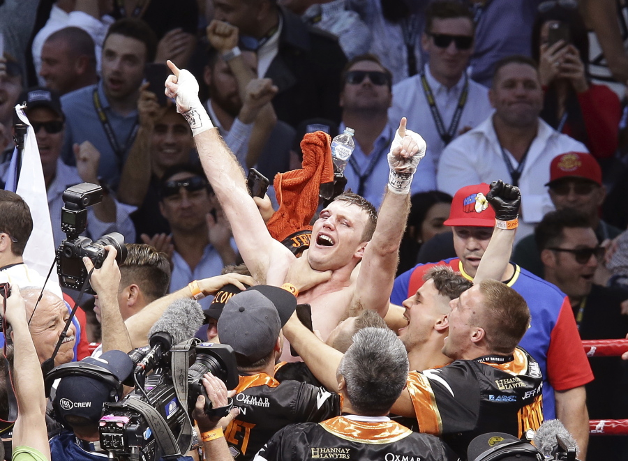 Jeff Horn of Australia celebrates after beating Manny Pacquiao.