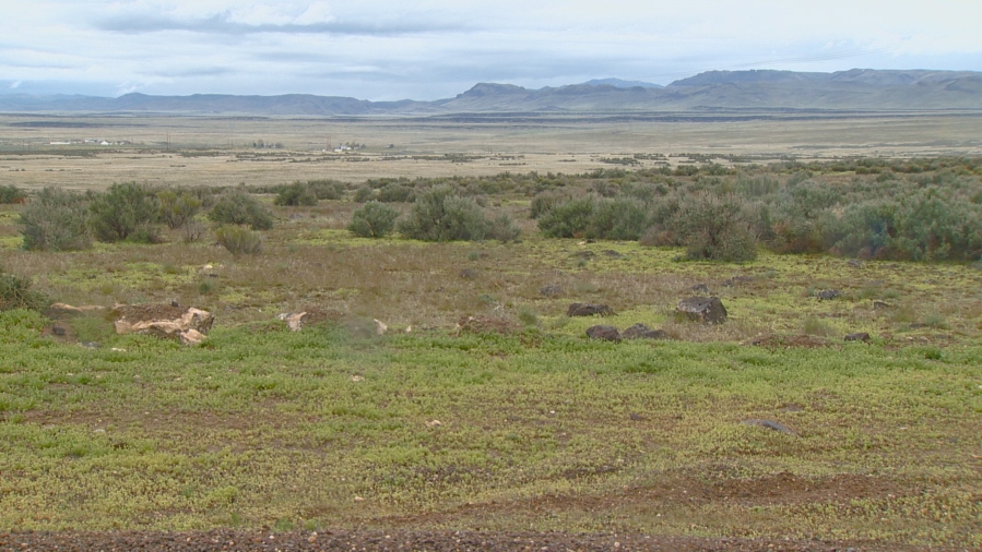FILE - In this April 15, 2017, file video image courtesy of KTVB-TV shows the remote area where skeletal remains were found in a badger hole north of Mountain Home, Idaho. The Shoshone-Paiute tribe says it will seek possession of two sets of human bones found protruding from the southwestern Idaho badger hole after tests determined they weren’t modern day homicide victims but actually lived some five centuries ago.