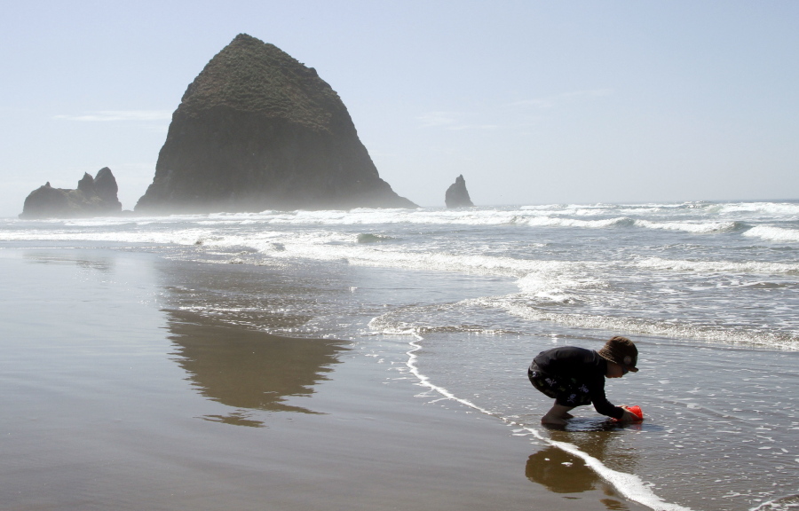 With Haystack Rock in the background, Max Perritt, 3, from Worcester, Mass., gathers seawater in a bucket in Cannon Beach, Ore., in August 2010.