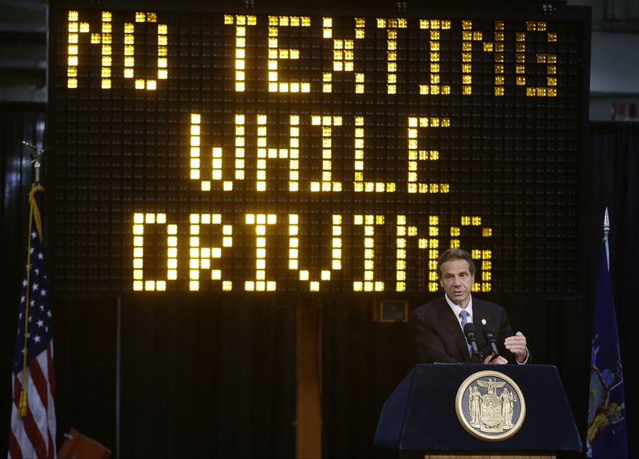 FILE - In this May 31, 2013 file photo, New York Gov. Andrew Cuomo speaks during a news conference to announce the increase in penalties for texting while driving in New York. New York state is set to study the use of a device known as the “textalyzer” that would allow police to determine whether a motorist involved in a serious crash was texting while driving. Cuomo announced Wednesday, July 26, 2017, that he would direct the Governor’s Traffic Safety Committee to examine the technology, as well as the privacy and constitutional questions it could raise.