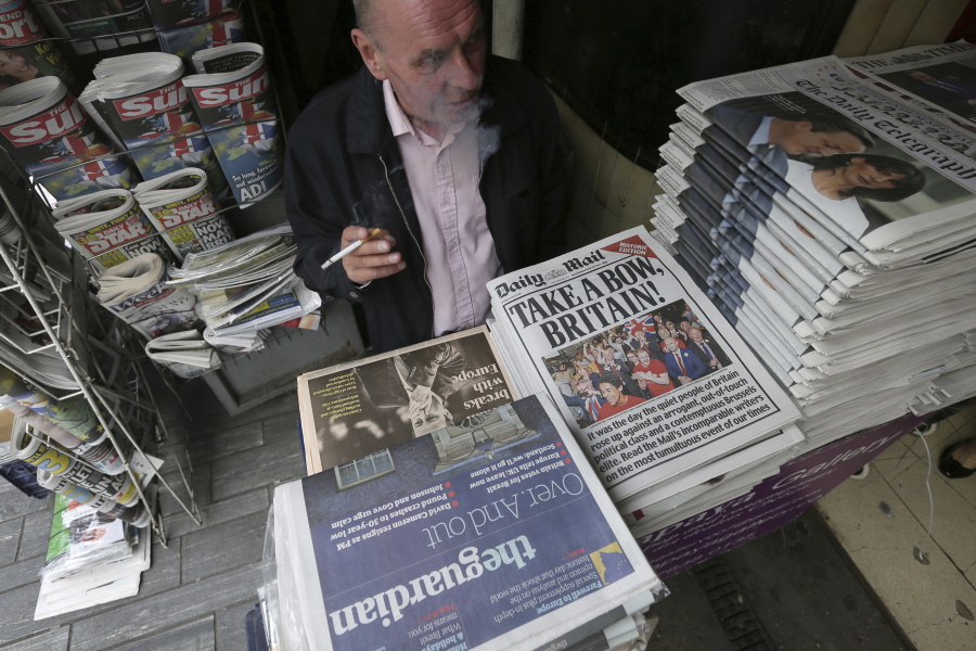 The front pages of Britain’s newspapers report June 25, 2016 on the EU referendum result, London. Since the June 8 British election, there has been a disunited British government, and an increasingly impatient EU. Officials of the bloc have slammed British proposals so far as vague and inadequate. There’s also a fight looming over the multibillion-euro bill Britain must pay to meet previous commitments it made as an EU member. British Foreign Secretary Boris Johnson blustered recently that the bloc could “go whistle” if it thought Britain would settle a big exit tab. EU chief negotiator Michel Barnier replied: “I am mot hearing any whistling.