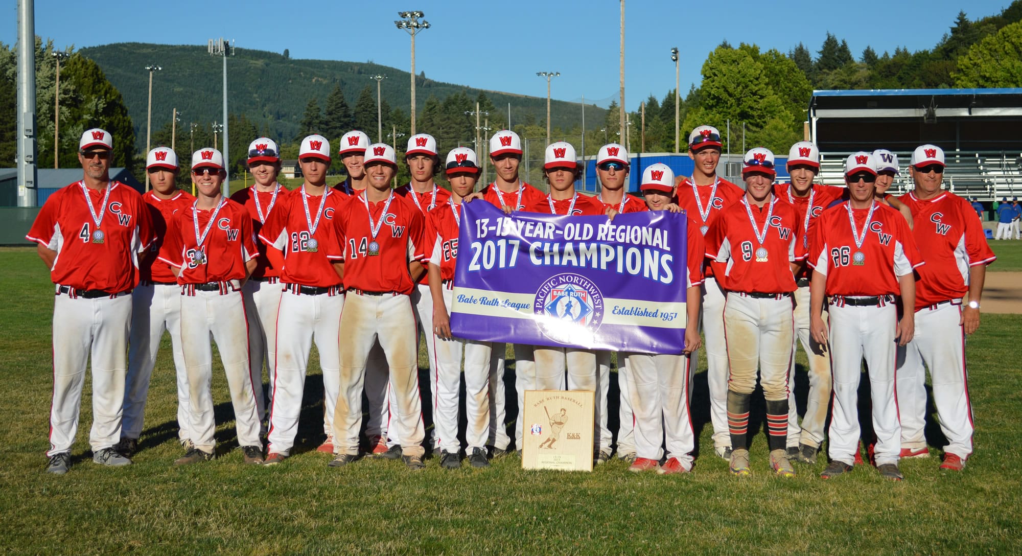 The Camas-Washougal Babe Ruth 13- to 15-year-old all-star team captured the Pacific Northwest Regional Championship Saturday, at Rister Stadium in Kelso. Players are Drew Ott, Lucas Barbier, Jackson Gibbs, Josh Mansur, Skylar Kelsey, Beau Kearsey, Taylor Shega, Clint French, Braden Zook, Evan Stott, Isaac Hanley, Kolby Broadbent, Bradley Carter, Logan Kearsey and Gideon Malychewski. Andrew Ott manages the team, and Bob Gibbs and Joel Shega are the coaches.