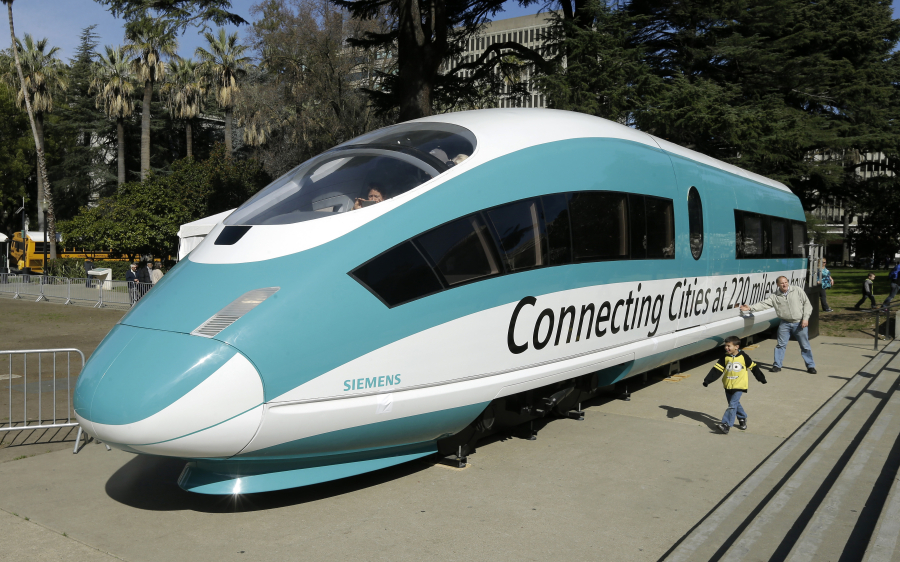 A full-scale mock-up of a high-speed train, displayed at the Capitol in Sacramento, Calif.