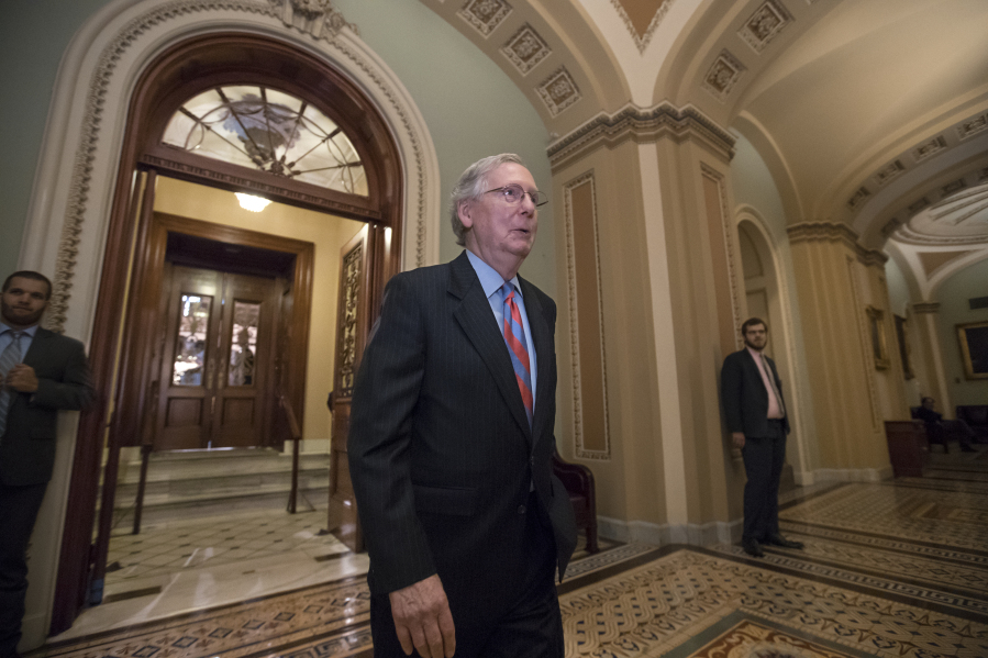 Senate Majority Leader Mitch McConnell of Kentucky leaves the Senate chamber on Capitol Hill in Washington on Thursday, July 27, 2017, after a vote as the Republican majority in Congress remains stymied by their inability to fulfill their political promise to repeal and replace Obamacare because of opposition and wavering within the GOP ranks. (AP Photo/J.