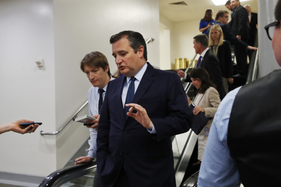 Sen. Ted Cruz, R-Texas is followed by reporters on Capitol Hill in Washington. A health care proposal from Senate conservatives would let insurers sell skimpy policies provided they also offer a comprehensive alternative. It’s being billed as pro-consumer, allowing freedom of choice and potential savings for many.