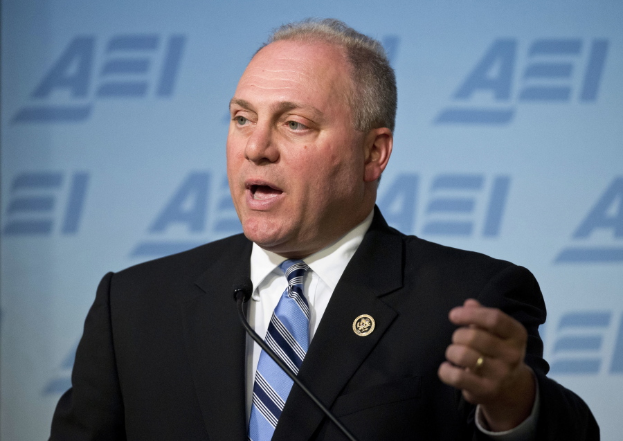 FILE - In this June 22, 2016, file photo, House Majority Whip Steve Scalise, of Louisiana, speaks at the American Enterprise Institute (AEI) in Washington, on new proposals to repeal and replace President Barack Obama's health care law. The Washington hospital where Scalise is recuperating from a gunshot wound says he has been readmitted to the intensive care unit.