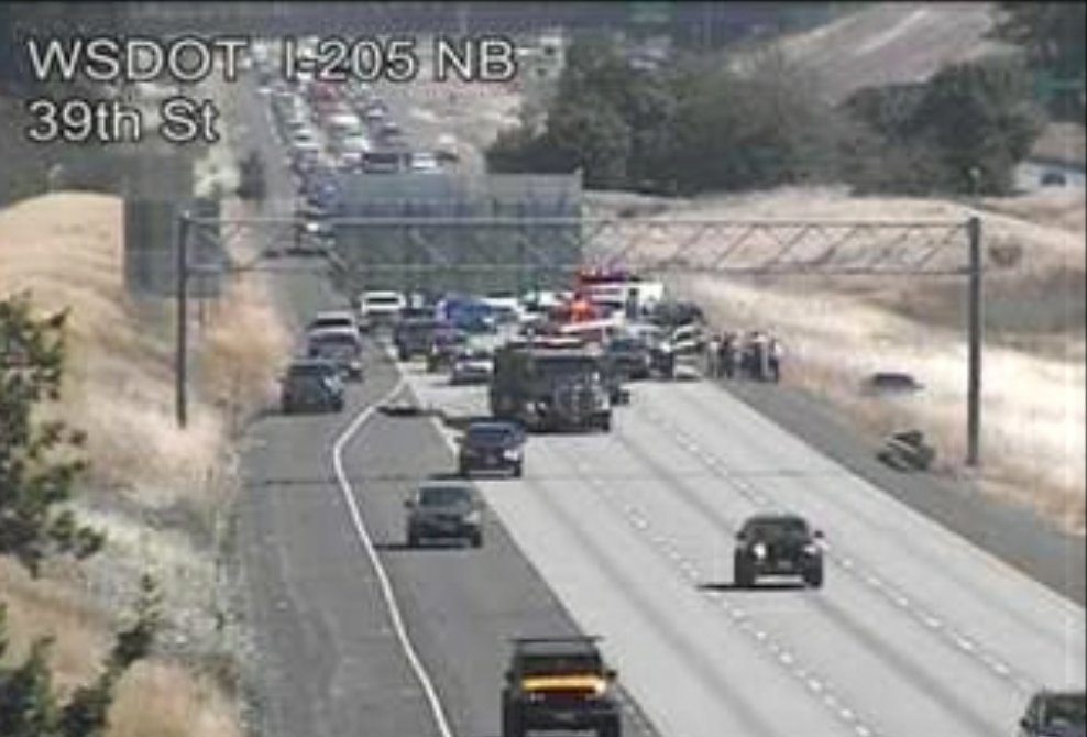 Traffic is blocked Tuesday on Interstate 205 northbound for a fatal crash investigation in this traffic camera photo from the Washington State Department of Transportation.