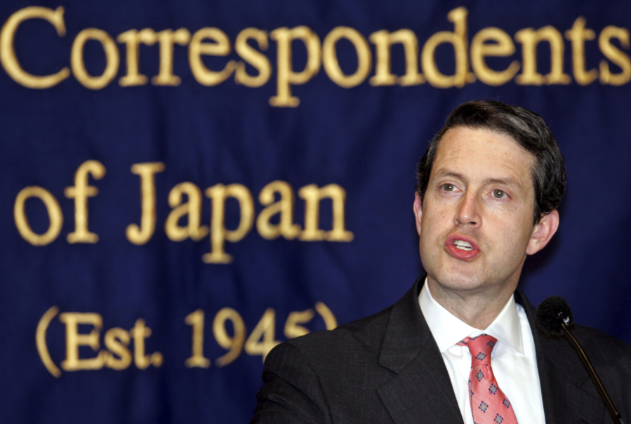 FILE - In this Thursday, March 10, 2005, file photo, Randal Quarles, U.S. assistant secretary of Treasury, speaks to journalists in Tokyo. Quarles, President Donald Trump’s choice to be the Federal Reserve’s vice chair for bank supervision, would likely favor reducing the capital banks must hold, easing the burden on community banks and allowing firms to do speculative trading. Quarles will likely win a Senate committee’s approval Thursday, July 27, 2017.