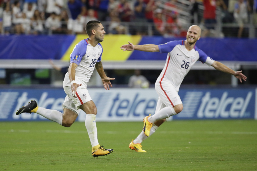 United States’ Clint Dempsey, left, celebrates after scoring a goal against Costa Rica during a CONCACAF Gold Cup semifinal soccer match in Arlington, Texas, Saturday, July 22, 2017.