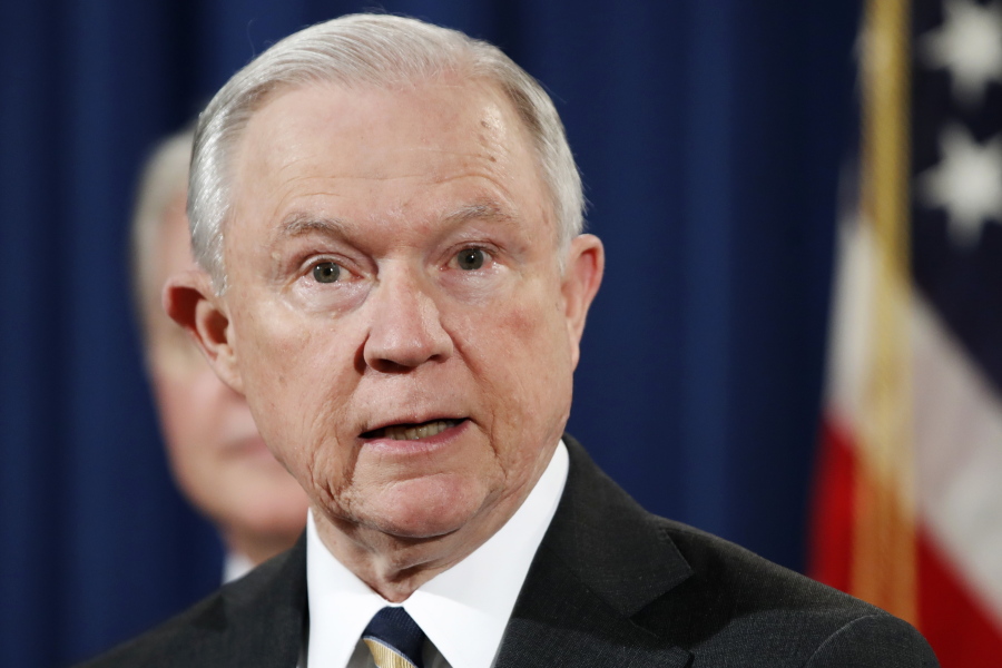 Attorney General Jeff Sessions speaks during a news conference about opioid addiction Thursday at the Justice Department in Washington.