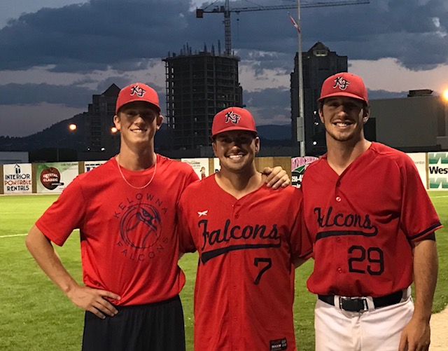 James Brooks, left, and Chase Wiger both Skyview High grads, and Alex McGarry, a Columbia River High grad are playing in Kelowna, British Columbia, for the Kelowna Falcons in the West Coast Colligate Baseball League.