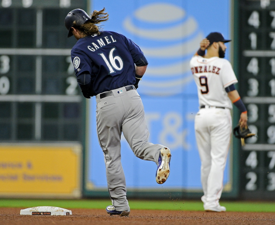 Seattle Mariners’ Ben Gamel (16) rounds the bases after hitting a two-run home run off Houston Astros starting pitcher Charlie Morton during the fourth inning of a baseball game, Wednesday, July 19, 2017, in Houston.