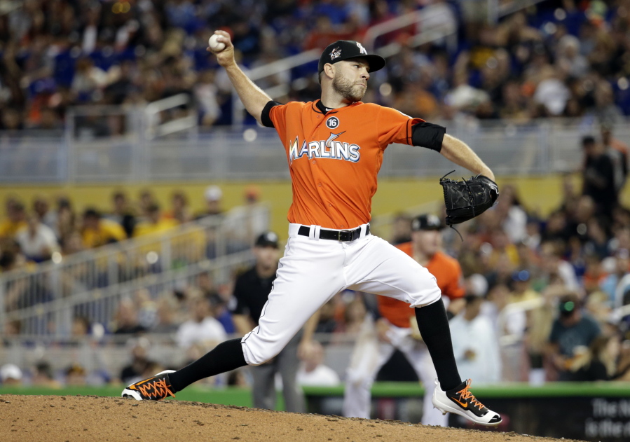 Miami Marlins relief pitcher David Phelps was traded to the Seattle Mariners for four prospects, including highly regarded outfielder Brayan Hernandez on Thursday, July 20, 2017.