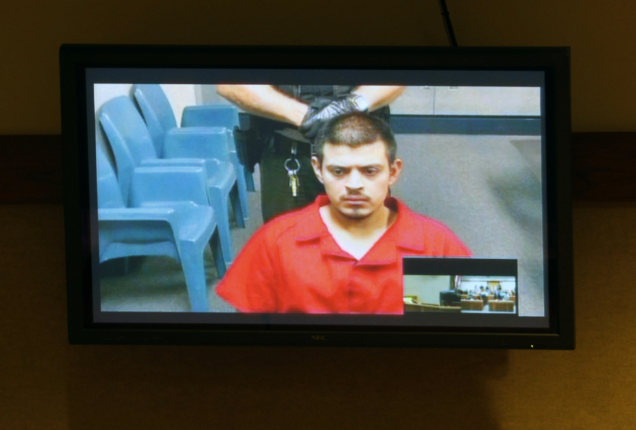 Edwin Lara appears in court via video screen during an arraignment at the Deschutes County Circuit Court.