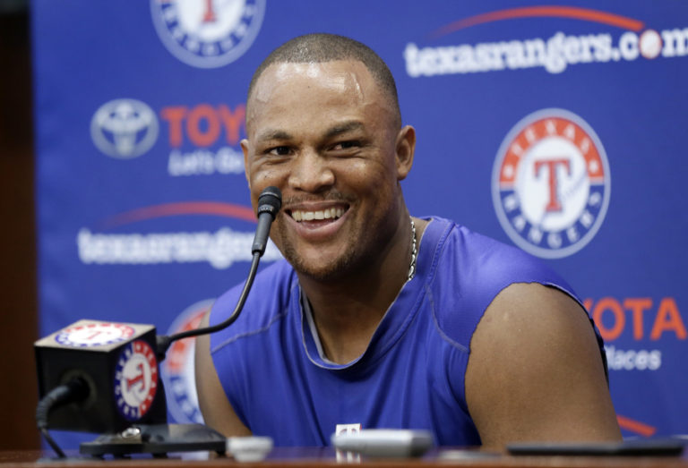 Texas Rangers’ Adrian Beltre smiles during a post game interview following their 10-6 loss to the Baltimore Orioles in a baseball game, Sunday, July 30, 2017, in Arlington, Texas. Beltre hit his 3,000th career hit in game.