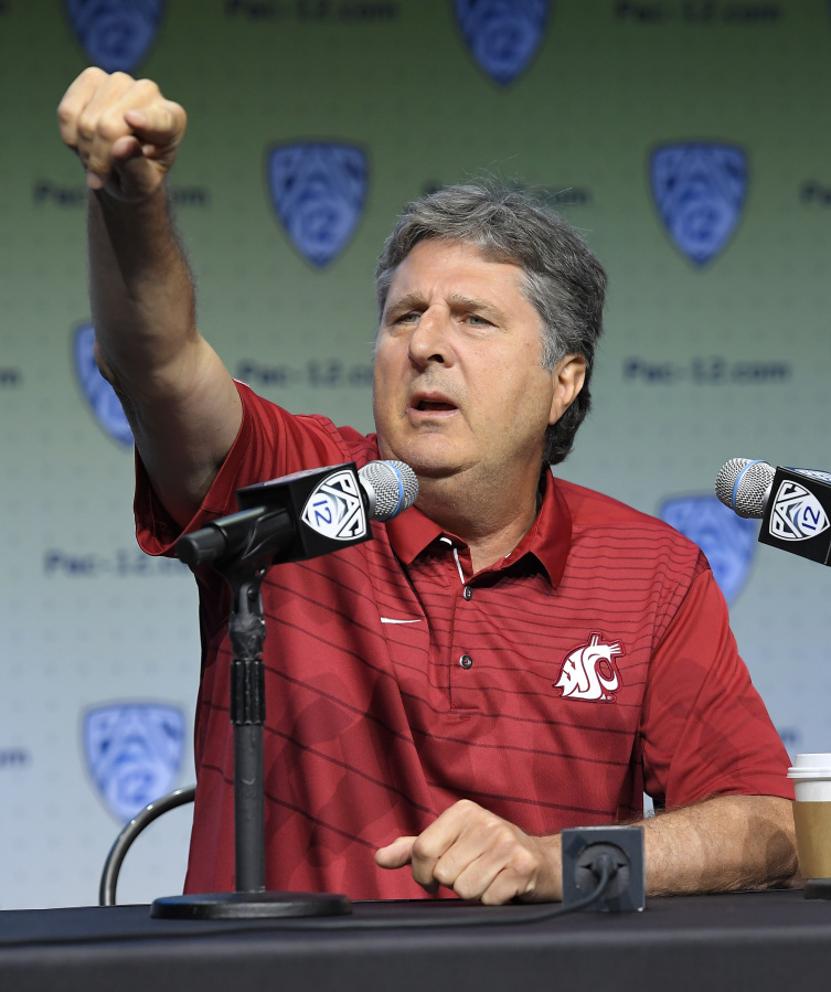 Washington State head coach Mike Leach speaks at the Pac-12 NCAA college football media day, Thursday, July 27, 2017, in the Hollywood section of Los Angeles. (AP Photo/Mark J.