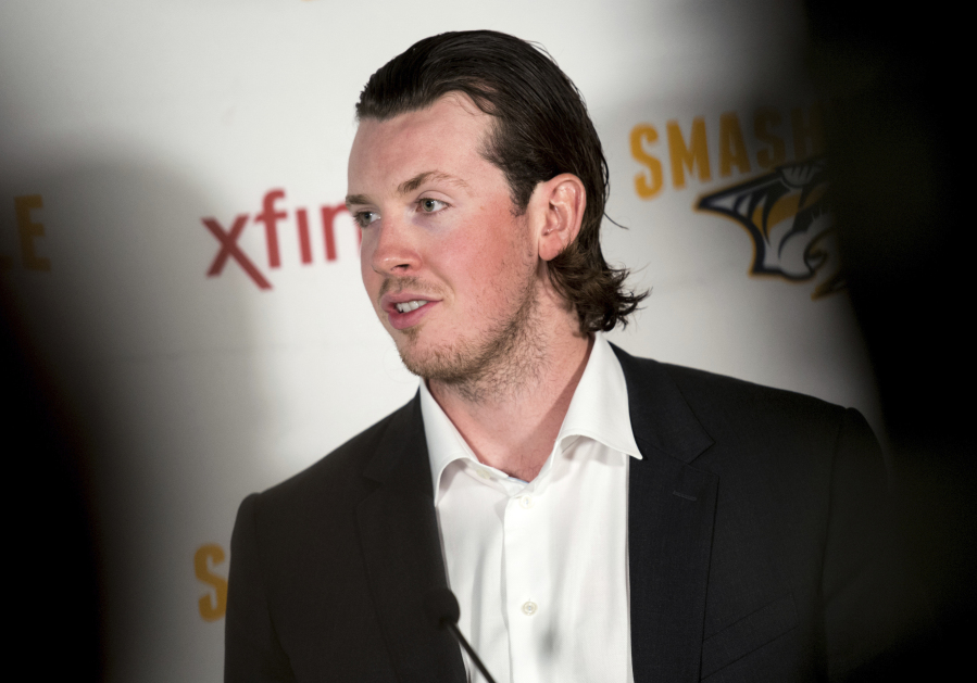Nashville Predators’ Ryan Johansen speaks during an NHL hockey press conference at Bridgestone Arena in Nashville, Tenn., Friday, July 28, 2017. The Predators signed Johansen to an eight-year, $64 million contract in the largest contract ever for the franchise on Friday.