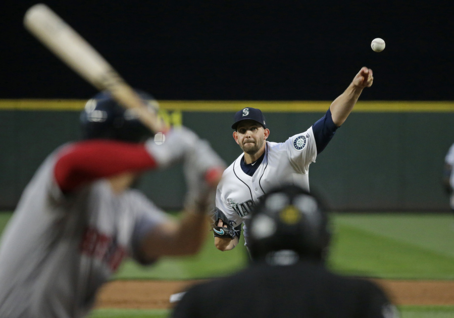Seattle Mariners starting pitcher James Paxton retired the first 13 batters he faced Monday agianst the Boston Red Sox. He allowed just four hits in Seattle’s 4-0 win. Ted S.