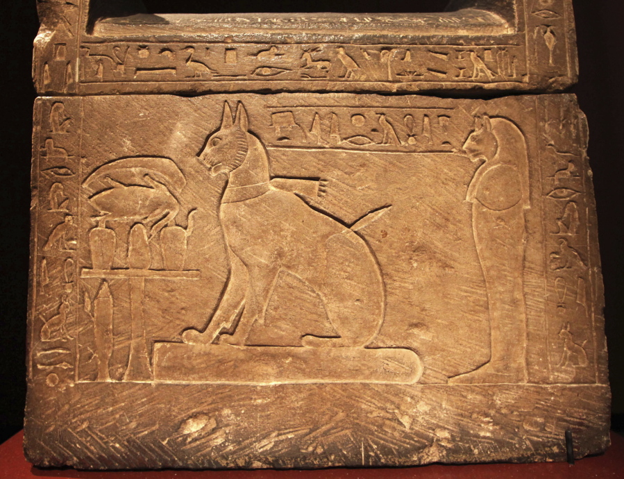 The sarcophagus for Prince Thutmose’s cat is seen at an exhibit in Seattle.