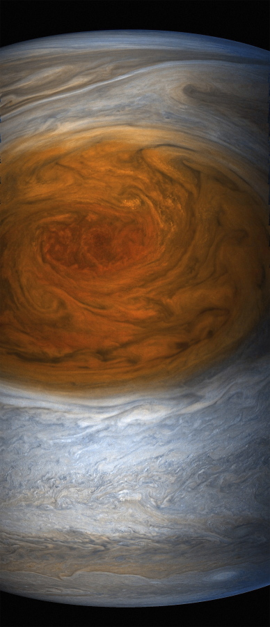 This enhanced-color image made available by NASA shows Jupiter’s Great Red Spot on Monday, July 10, 2017. The image was created using data from the Juno spacecraft during its seventh close flyby of the planet.
