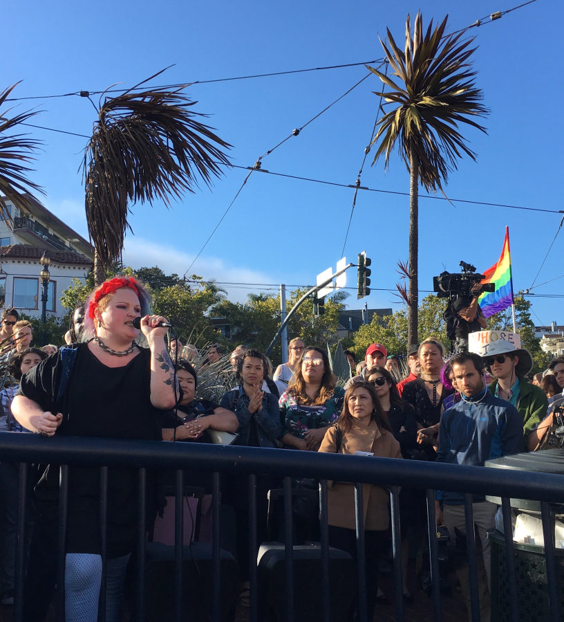 A transgender woman, who identified herself only as Layla, addresses protesters in the Castro District, Wednesday in San Francisco. Demonstrators flocked to a plaza named for San Francisco gay-rights icon Harvey Milk to protest President Donald Trump’s abrupt ban on transgender troops in the military. (AP Photo/Olga R.
