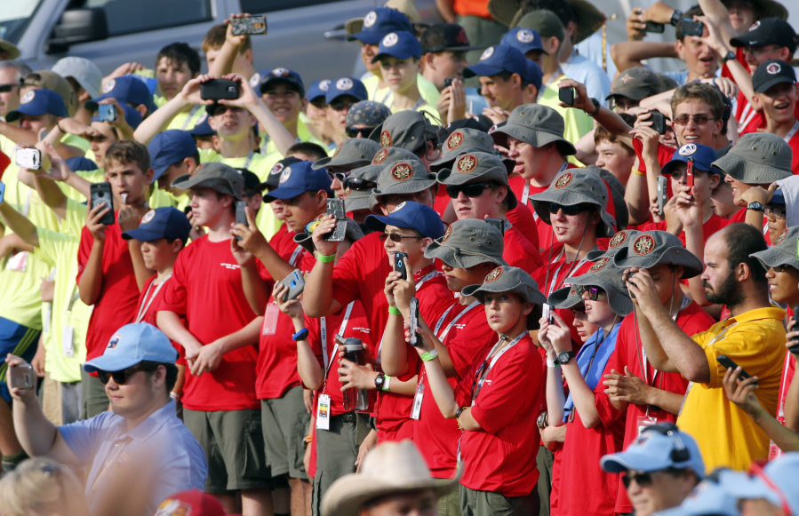 Scouts and their leaders listen to President Donald Trump at the 2017 National Boy Scout Jamboree at the Summit in Glen Jean, W.Va., on Monday.
