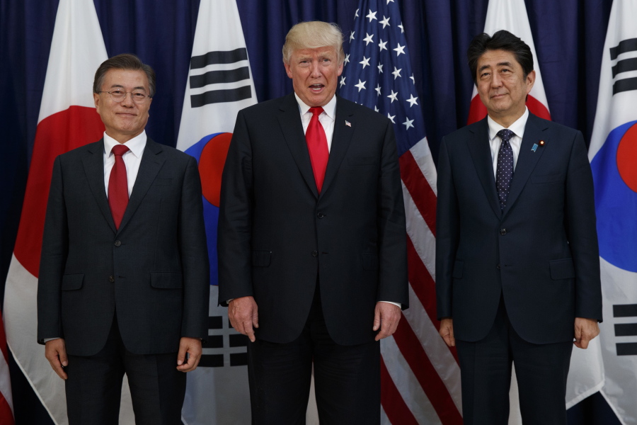 Moon Jae-in, South Korean president, from left, with U.S.