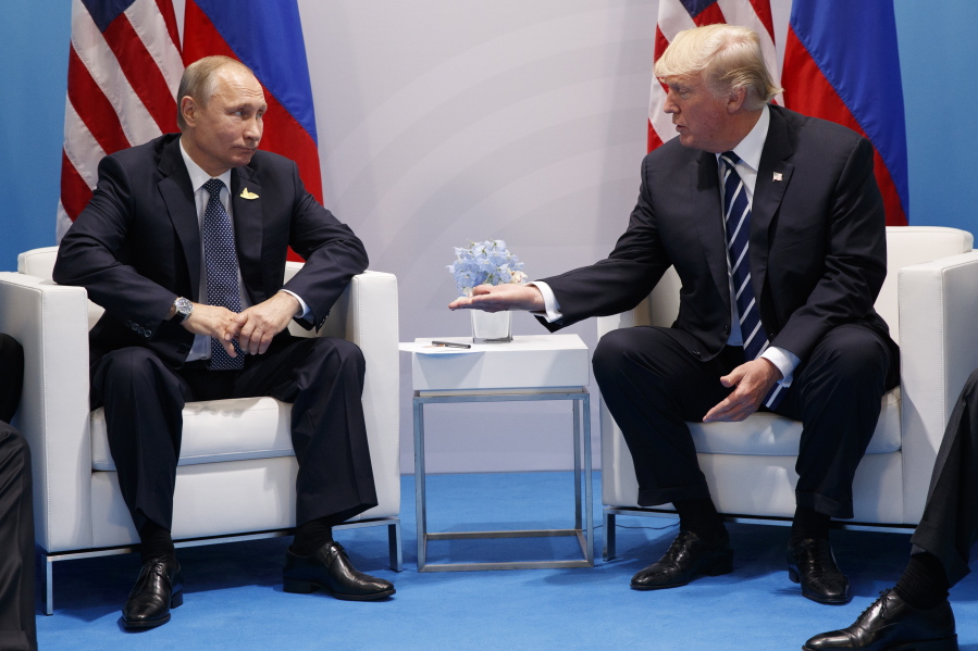 President Donald Trump, right, meets with Russian President Vladimir Putin at the G20 Summit July 7 in Hamburg, Germany.
