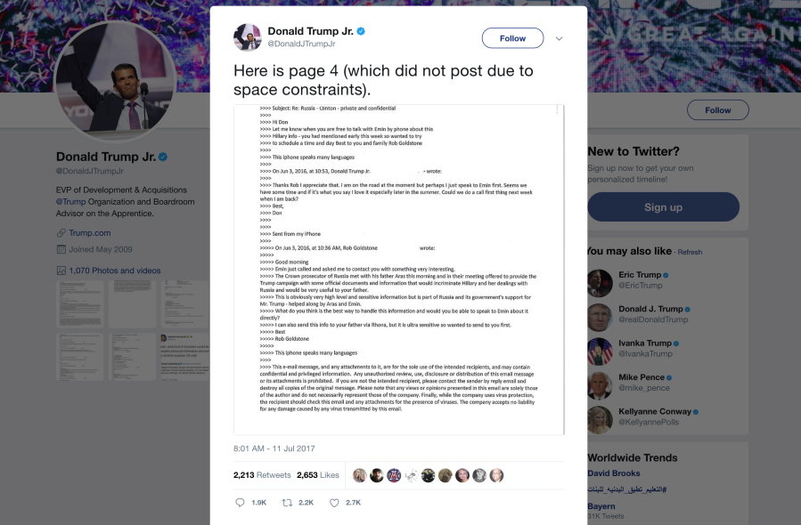 A tweet posted Tuesday by Donald Trump Jr. on his Twitter account, in which he reveals an email chain with publicist Rob Goldstone in June 2016. In the email, he discusses plans to hear damaging information on Hillary Clinton that were described as “part of Russia and its government’s support for Mr.